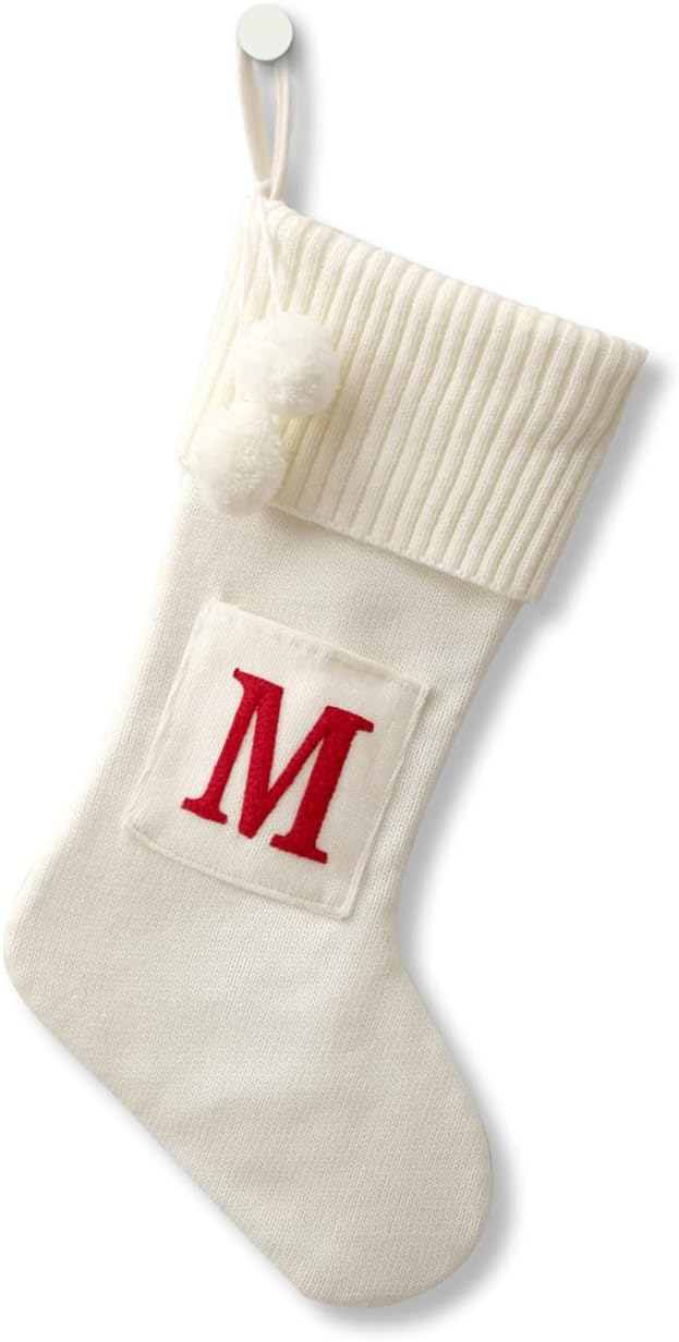 Stockings & Holders - CRSMHLPK 20 Inches Initial Christmas Stocking Monogram Christmas Stocking White with red Embroidered Letter Christmas Decorations 02-M-White