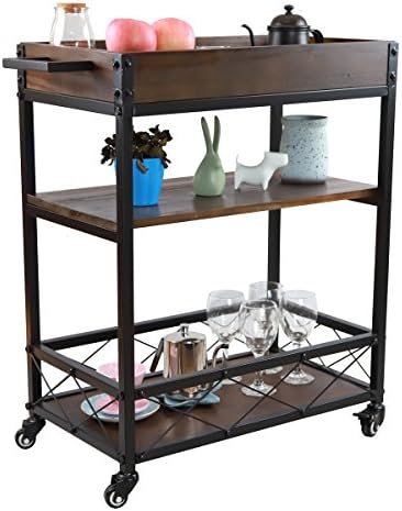 YAONIEO Kitchen Bar Cart Retro Rolling Service Cart Trolley Utility Cart With Wine Rack-3 Tires