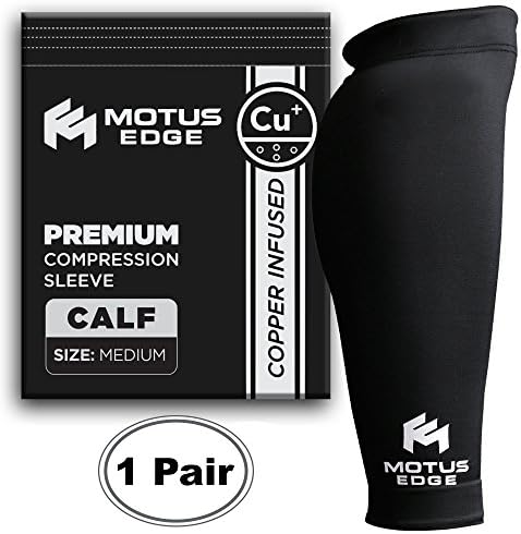 Motus Edge Copper Infused Calf Compression Sleeve for Shin Splints, Leg Cramps, CrossFit, Pain Relief (2-pack - Medium)