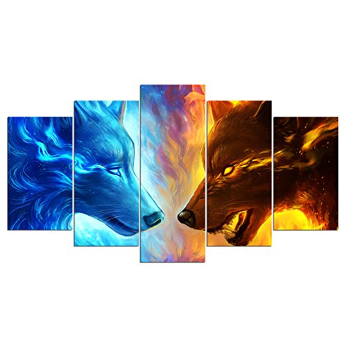 Toopia Fire and Ice Print Canvas Wall Art - 5 PCS HD Canvas Art Painting 2 Wolf Wolves Pictures for Home Office Decoration (12x20inchx2pcs, 12x28inchx2pcs, 12x32inchx1pcs, No Framed)