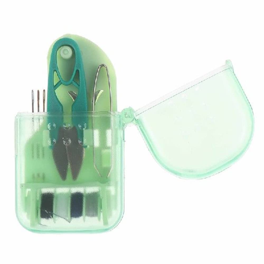 Green Travel Mini Sewing Kit - Filled with Needles, Scissors, Pins, Threads - 12pcs