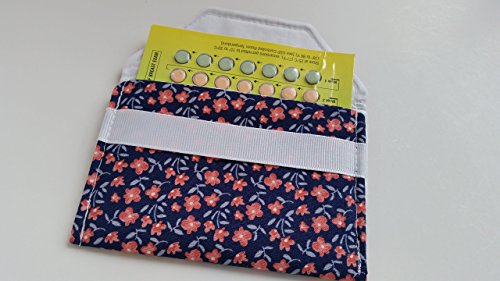 Birth control ribbon case- Discrete pill holder- Orange flowers on navy - Thumbnail 2