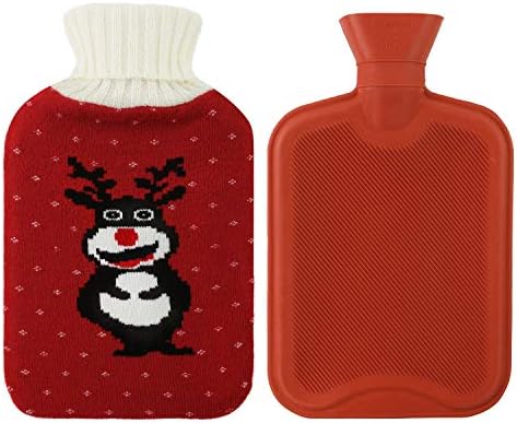 DearSun Hot Water Bottle with Knit Cover Reindeer Design, 2 Liters Classic Premium Hot Rubber Bag, Good for Pain Relief (Reindeer 1)