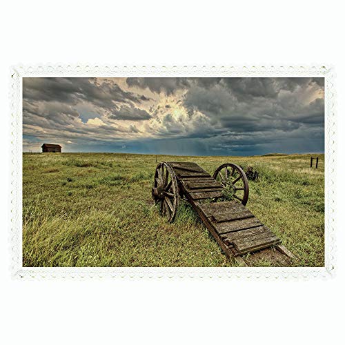 iPrint 60"x84" Rectangle Velvet Linen Tablecloth,Barn Wood Wagon Wheel,Old Prairie Cart Agricultural Field Ranch Dramatic Stormy Sky,Green Brown Grey,for Dinner Kitchen Home Decor