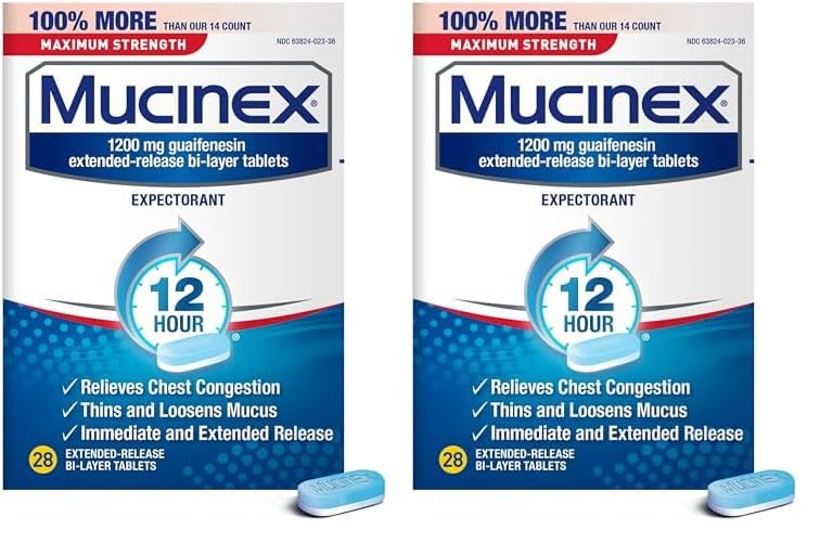 Mucinex Maximum Strength 12 Hour Chest Congestion Expectorant Relief Tablets, 1200 mg, 28 Count (Pack of 2)