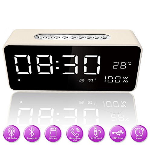 Orionstar Aid Sleep Wireless Alarm Clock Radio Bluetooth Stereo Speaker HD Sound Repeat Snooze Function 8” LED Thermometer AUX MicroSD USB iPhone /Android Compatible Model S1 with Wall Charger White - Thumbnail 4