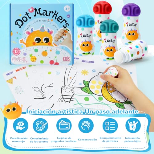 TGEXYI Dot Markers - 12 Colores Marcadores Lavables para Niños para Bingo en Edad PreescolarMarcadores de Puntos para Niños Pequeños, Arte de Puntos, Pinturas de Puntos