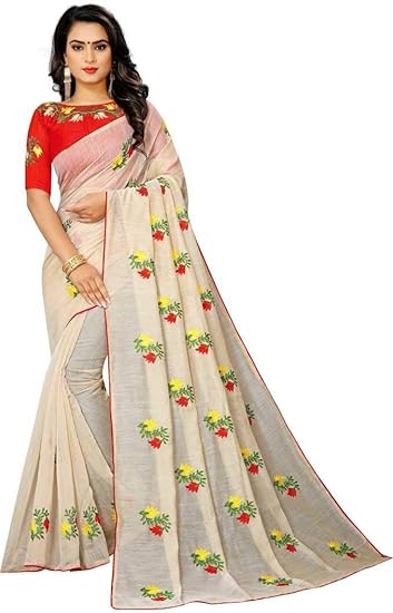 RAJESHWAR FASHION WITH RF Womens Chanderi Cotton Blend Linen Embroided Style Saree with Blouse