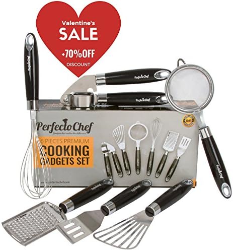 For Cooking Lovers - Introducing the newest Cooking Gadgets 6 Piece Set by PerfectoChef - Cool &amp; Unique Kitchen Utensils for Men &amp; Women - Grater - Whisk - Garlic Press - Spatula - Strainer - Turner