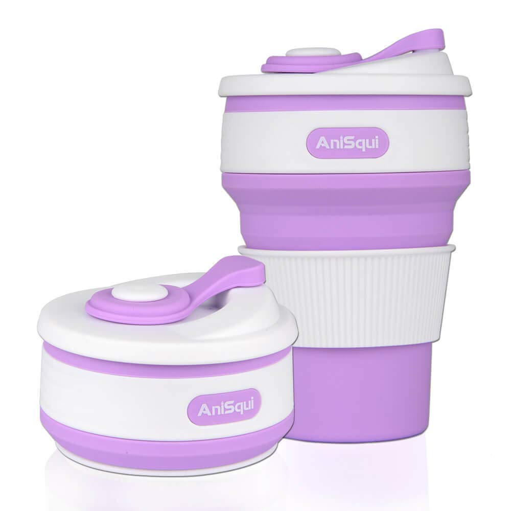 AniSqui Collapsible Coffee Cup Silicone with Lids (12oz 350ml, BPA Free Portable Coffee Cup), Foldable Mugs Collapsible Fits Your Pocket (Purple)