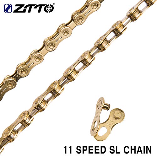Ztto Gold Silver Grey Bicycle Chain for 7 8 9 10 11 12 14 16 18 21 22 24 27 30 33 Speed Mountain Bike and Road Bicycles (Gold with Hollow Plate, 11 Speed)