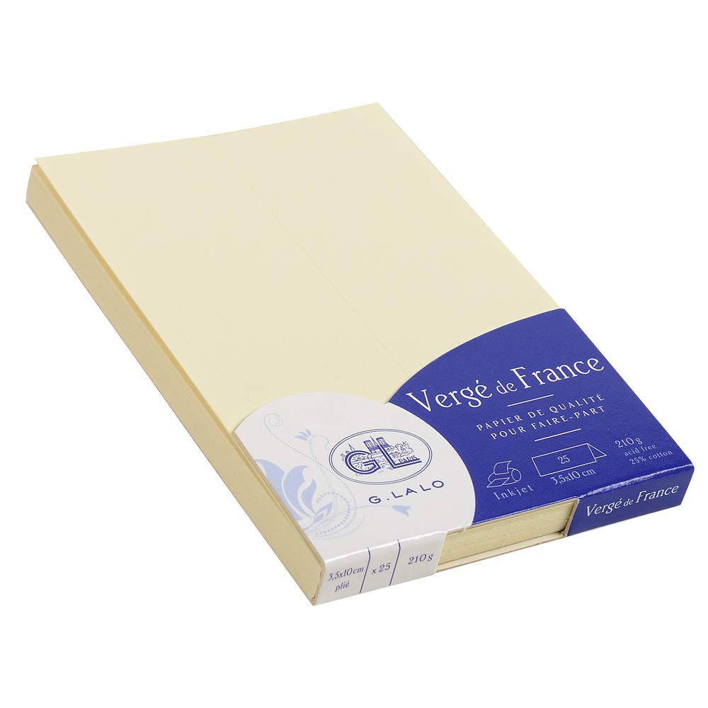 Lalo 33816L - Verge De France Pack of 25 Folded easels Paper. Size: 3.5x10 cm 210g, Laid Paper from France, Ivory. Lined, Correspondence. Paper Made in France