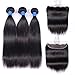 Ucrown Brazilian Lace Frontal Closure with 3 Bundles Straight Virgin Hair Weave 13x4 Ear to Ear Frontal Lace Closure with Baby Hair 9a Human Hair Extension (14 16 18 +12, free part)