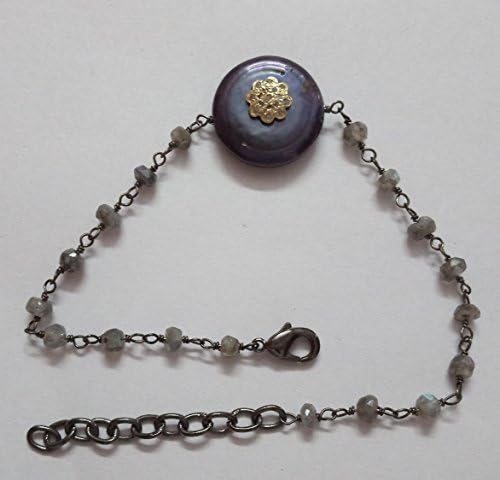 KIRANBEADS - Vermeil Pave Diamond Floral Charm Over Freshwater Pearl Coin - Labradorite Beaded Chain Oxidized 925 Sterling Silver Wire & Lobster Lock