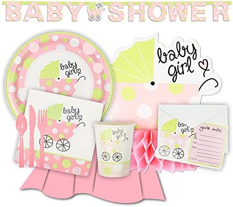 Tickled Pink Girl Baby Shower Light Pink Tableware and Decorations, Complete Party Set for 12 by VarietyCore