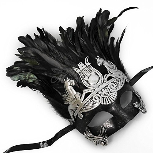 Mens Roman Silver Masquerade Mask with Feathers