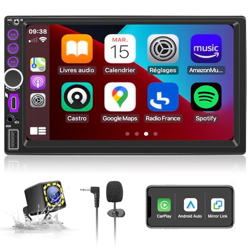 2 DIN Car Radio with CarPlay Wireless and Android Car, 7 Inch Touchscreen Screen, Bluetooth 5.0 Car Radio with Rear Camera, Mirror Link, Type-C, SWC, FM, EQ, GPS Navigation