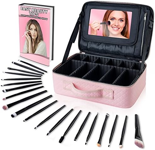 Large Makeup Bag Organizer + Makeup Brush Set – Cosmetic Train Case with Mirror, Waterproof Quilted PU Leather Exterior ,Adjustable Dividers, Zipper Pocket, Brush Pouches – Portable Travel Makeup Case + 20 Makeup Brushes by Camoone, Pink