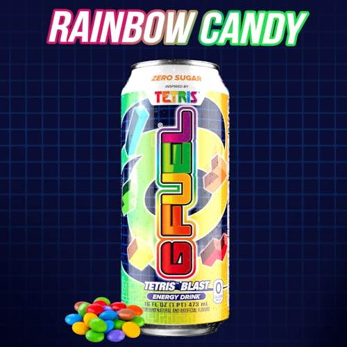 G FUEL ENERGY DRINK, CANDY FLAVOR, SUGAR FREE BEVERAGE WITH 300MG CAFFEINE, DAILY ENERGY BOOST WITH FOCUS AMINO, VITAMIN + ANTIOXIDANTS, 16 OZ CANS (TETRIS, 12-PACK)