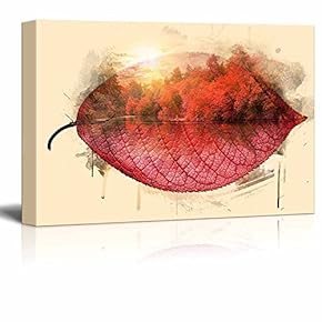 Canvas Wall Art - Abstract Double Exposure Effect of Trees and a Lake in Fall on a Red Leaf - Giclee Print Gallery Wrap Modern Home Art Ready to Hang - 12" x 18"