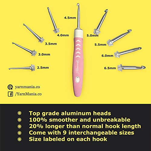 [2nd Gen] Yarn Mania Aiyana Crochet Hooks | Light Up Crochet Hooks with 9 Sizes Interchangeable Aluminum Heads | Ergonomic Curve Shape, Soft Handle and Two Brightness Settings (Light Pink) - Thumbnail 2