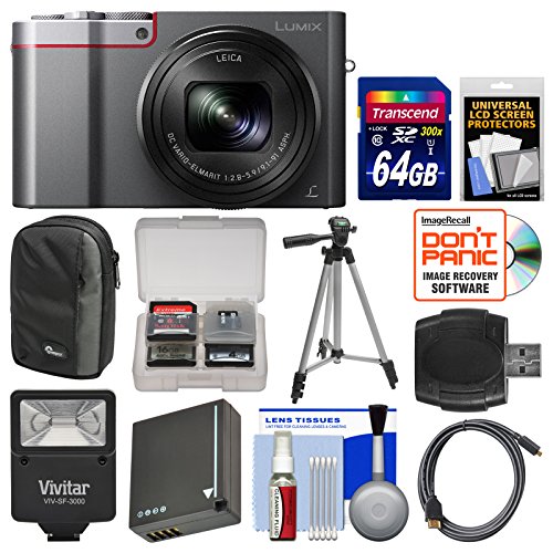 Panasonic-Lumix-DMC-ZS100-4K-Wi-Fi-Digital-Camera-Silver-with-64GB-Card-Case-Flash-Battery-Tripod-Kit