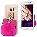 S7 Case,Galaxy S7 Case - Mavis's Diary 3D Handmade Bling Rose Gold Mirror Soft TPU Design Lovely Hot Pink Bow with Fluff Ball Shiny Crystal Diamonds Clear Cover for Samsung Galaxy S7 (2016)