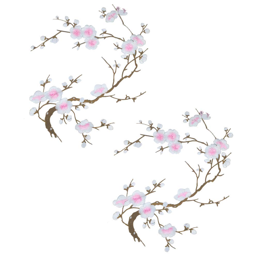 CHENGZI Plum Blossom Flower Embroidery Patches Applique Fabric Sticker Craft Sewing Repair Decoration, Set of 2 (White)