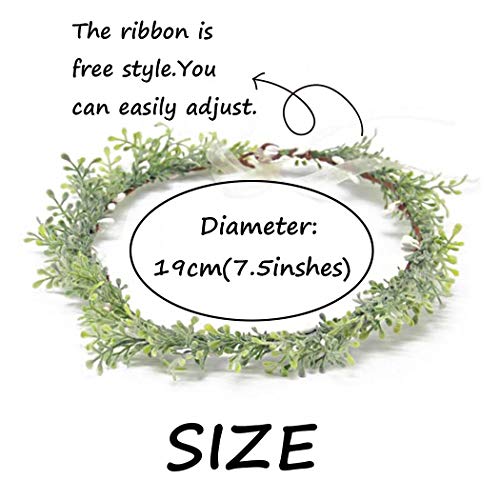Campsis Wedding Crown Green Wreath Garland with Ribbon Bridal Hair Wreath Halo for Women and Girls