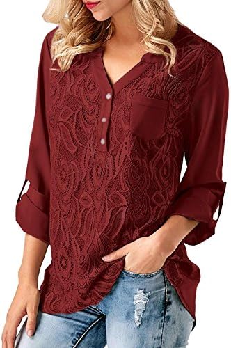 ZerYoYus Women Casual Tops V-Neck Cuffed Sleeve Floral Lace Button Blouse Tops Wine Red Small Size
