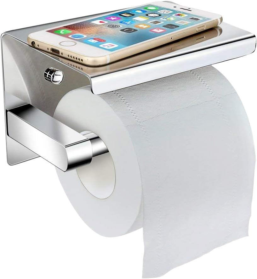 I LOVE EF IFECCO Toilet Paper Holder Stainless Steel Toilet Roll Holder with Phone Shelf Wall Mounted Bathroom Tissue Holder (Sliver)