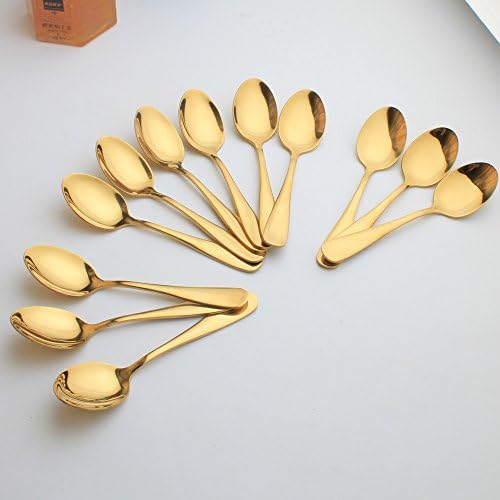 Enwinner 12 Pieces Teaspoons Set, 6-Inch Gold Extra Fine Good Stainless Steel Reusable Coffee Demitasse Spoons Set (12-Gold Standard Size Teaspoons)