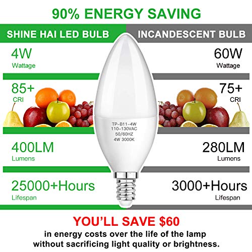 E12 Candelabra LED Bulbs, 400Lumens, SHINE HAI Updated 3000K Warm White LED Chandelier Bulbs, 40W Equivalent, B11 LED Candle Light Bulbs, CRI85+, Non-Dimmable, Pack of 12 - Thumbnail 5