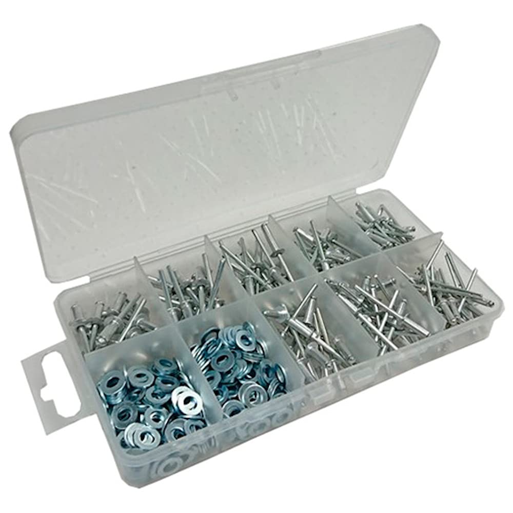 Merriway BH06581 (490 Pcs) Assortment of Alloy Pop Rivets & Flat Washers in a 10 Compartment Carry Case - Pack of 490 Pieces