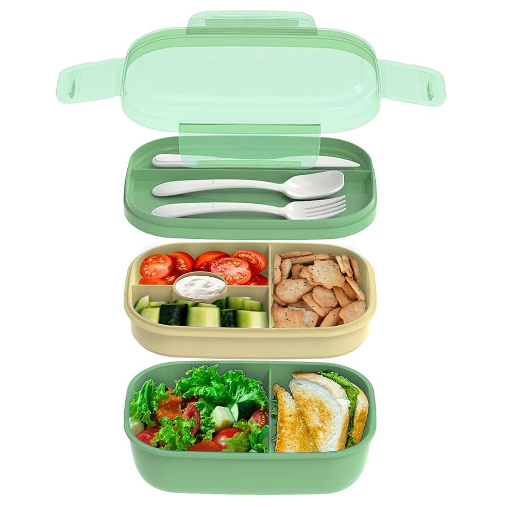 Lychico Lunch Box, 1900ml Bento Box with Spoon Fork & Dressing Containers, Stackable 3 Layer 6 Compartments Leak Proof Lunch Box, Meal Prep Container Box, Microwave Dishwasher Safe, Green