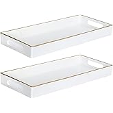 MAONAME White Vanity Tray Set of 2, Plastic Decorative Tray with Handles, Long Narrow Trays, Rectangular Bathroom Trays for Toilet Tank, 13.8" X 6" X 1.57"