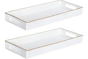 MAONAME White Vanity Tray Set of 2, Plastic Decorative Tray with Handles, Long Narrow Trays, Rectangular Bathroom Trays for Toilet Tank, 13.8" X 6" X 1.57"