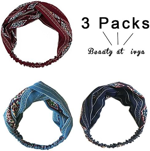 3 Pack Retro Elastic Hairband ,Women Twisted turbans Headband Boho Floral Cross Foral Head Wrap Hair Band