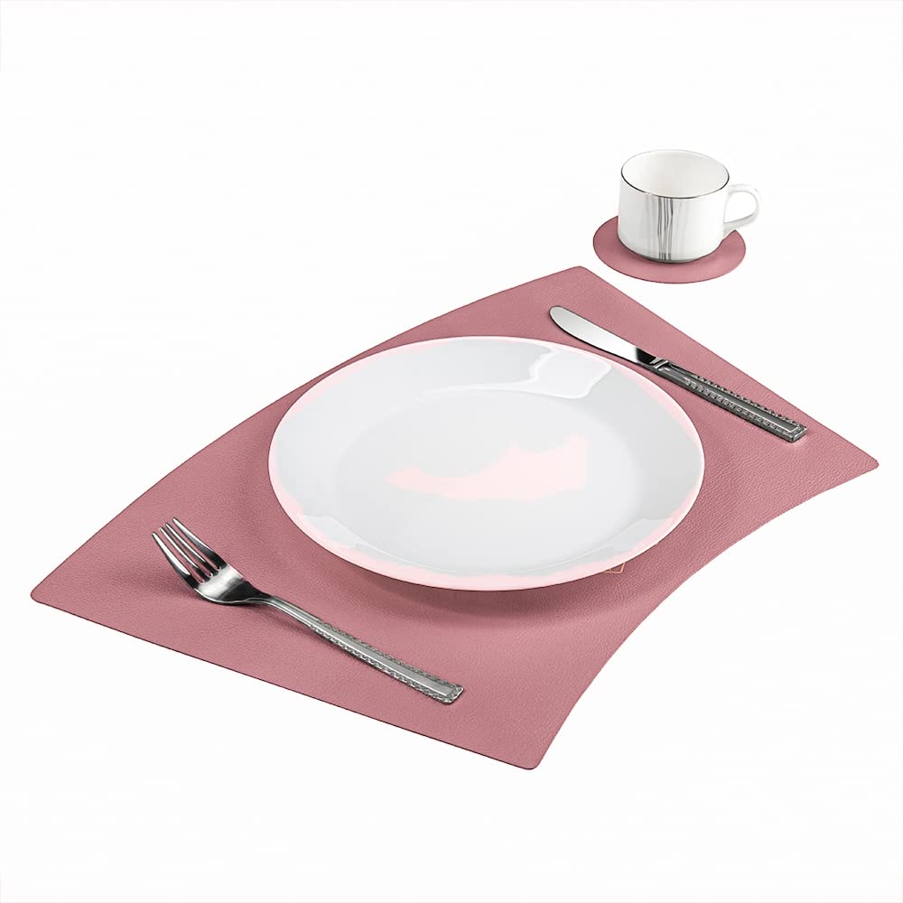 ESCOCO Leather Placemats and Coasters Set of 2, Colourful Table Mats,Heat Insulation Stain Resistant Non-Slip Waterproof Washable Placemat (Pink)