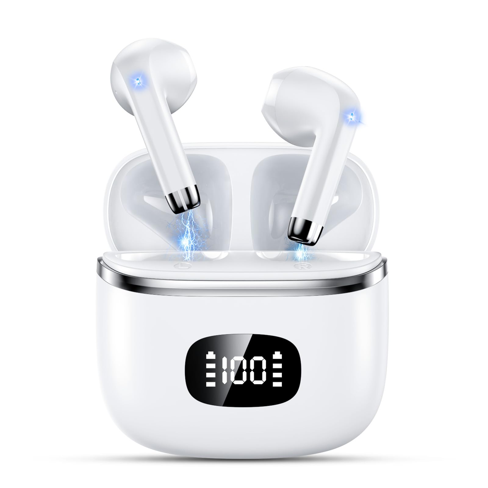 Wireless Bluetooth Headphones, Bluetooth 5.3 Earphones with ENC Reduction Headset, 40 Hours Playtime with LED Display, Hi-Fi Stereo Sound, IP7 Waterproof, Touch Control Bluetooth Headset, White