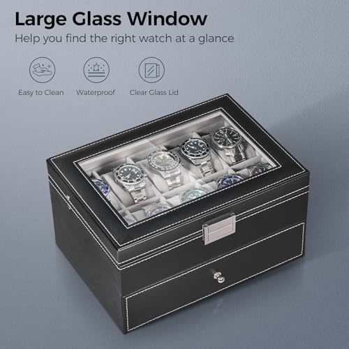 BEWISHOME Watch Case, 20-Slot Watch Box Organizer for Men Watch Case with Large Glass Lid Watch Travel Case Removable Watch Pillows, Mens Jewelry Box Watch Display Case, Watch Storage, Black SSH04B