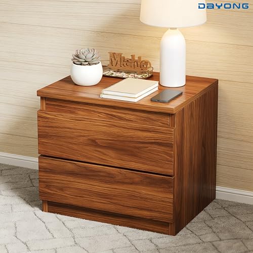 DAYONG Nightstand with 2 Drawers, Simple Bedside Table, Wooden End Table for Living Room, Modern Bedside Cabinet for Bedroom Sofa Side Office. (Dark walnut)