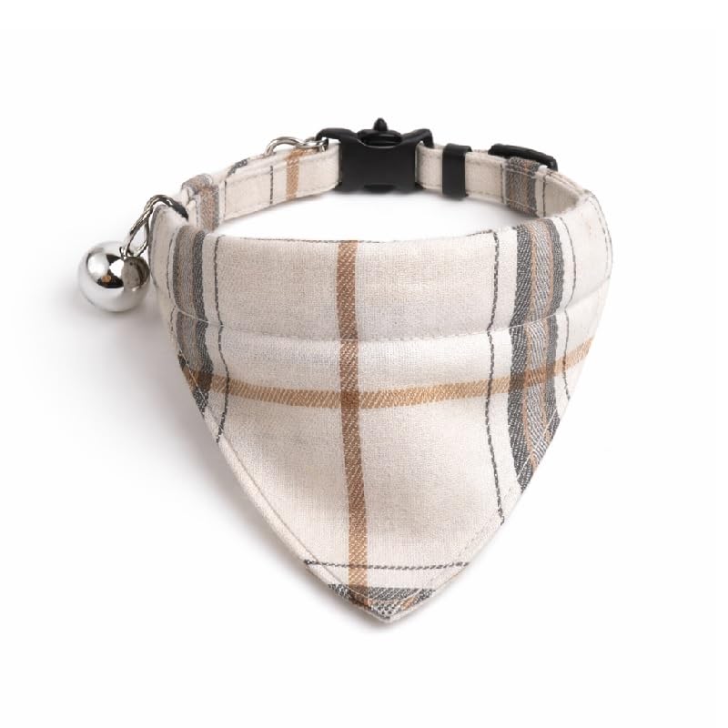 Bandana Cat Collars and Bell | Safe Quick Release Breakaway Buckle | ZACAL Cat Collars (White Tartan Style Bandana) — image 1