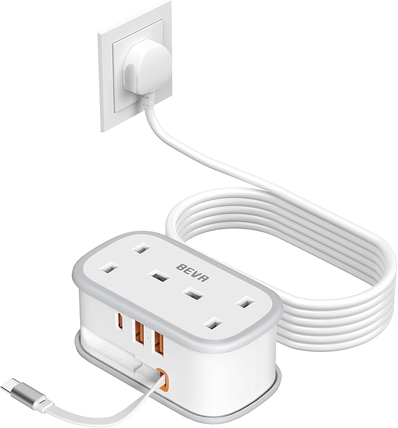 BEVA Travel Extension Lead 6 in 1 USB C Power Strip 1.5M Cruise Safe