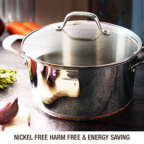 HOMI CHEF Mirror Polished Copper Band NICKEL FREE Stainless Steel 4.5 Quart Stock Pot with Glass Lid (No Toxic Non Stick Coating, 9.5 Inch)
