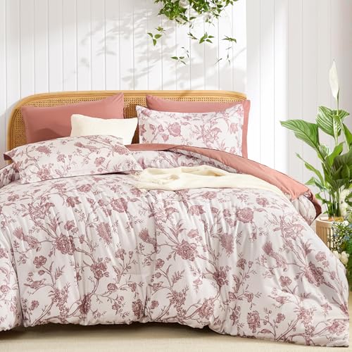 Luxudecor Blush Pink Floral Queen Comforter Set, 7 Pieces Bed in a Bag at Amazon
