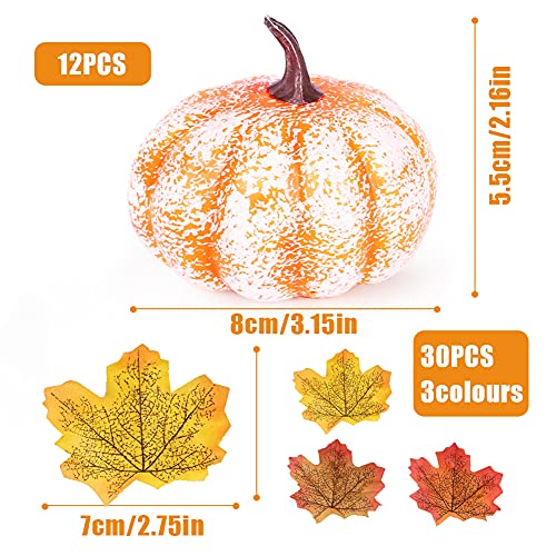 FUTUREPLUSX Artificial Mini Fake Pumpkins, 12PCS Mini Fake Pumpkins with 30PCS Lifelike Maple Leaves Artificial Vegetables for Fall Halloween Thanksgiving Kitchen Decorations