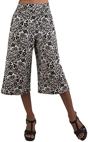 Tropic Bliss Women's Organic Cotton Capri Pants, Black and White Floral Gauchos by S
