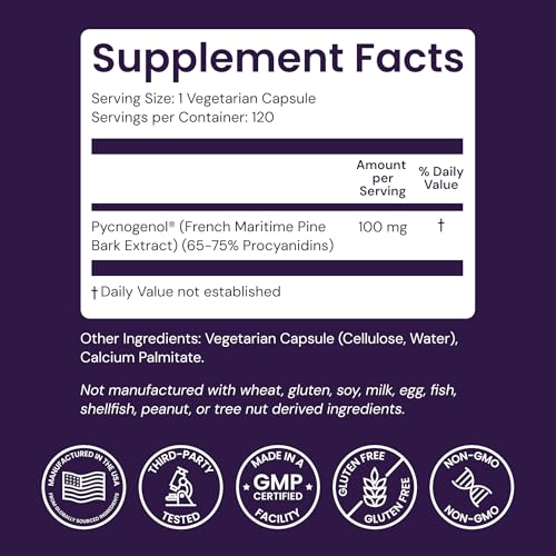Healthy Origins Pycnogenol 100 mg, 120 Veggie Capsules - 100% Clinically Studied French Maritime Pine Bark Extract - Supports Healthy Heart, Joint Health & Skin Elasticity - 4 Month Supply