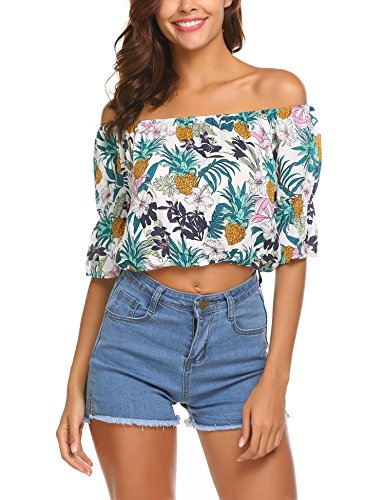 ELESOL Women's Summer Off Shoulder Tops Ruffle Short Sleeve Blouses Strapless Shirt